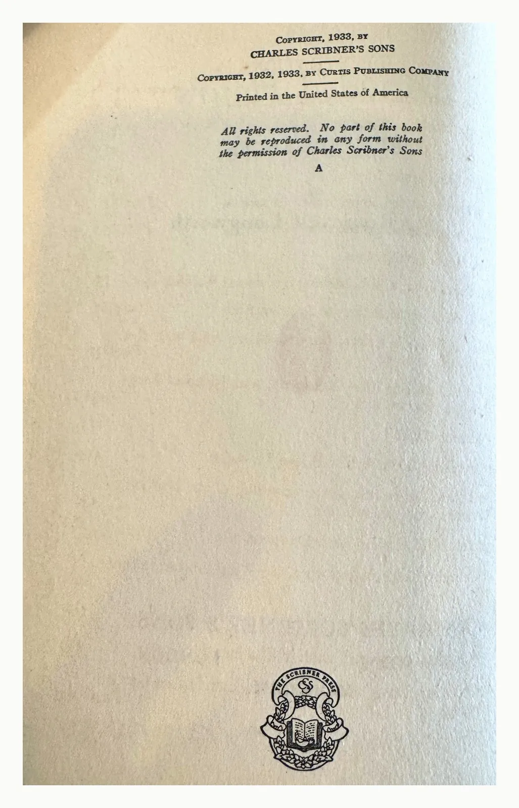 Copyright page with the Scribner “A”