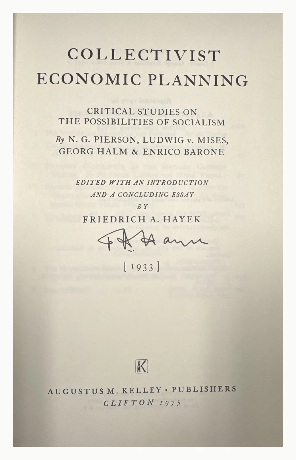 Title page signed F A Hayek