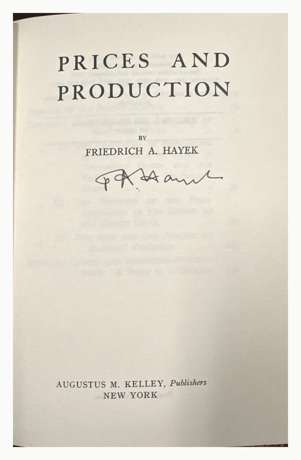 Title page signed F A Hayek beneath his printed name